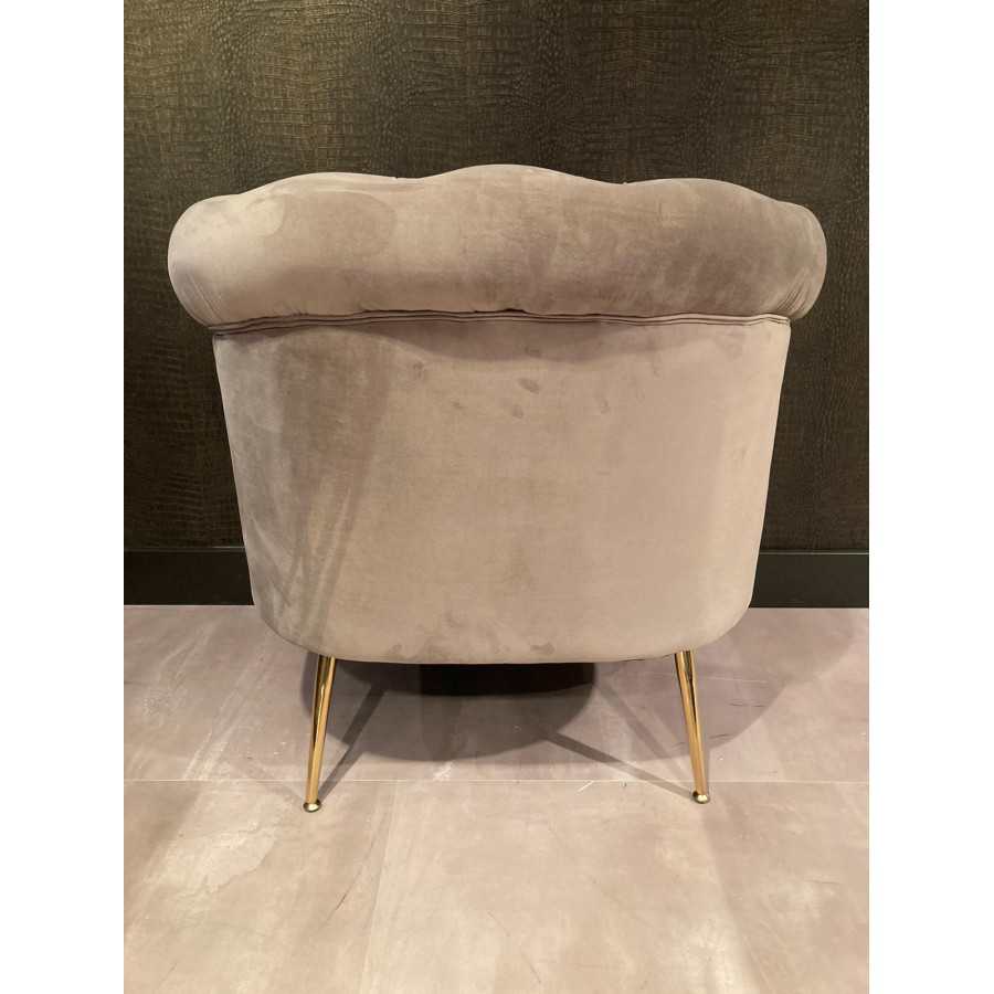 Fauteuil gecapitonneerd taupe met gouden potenVelours Fauteuil