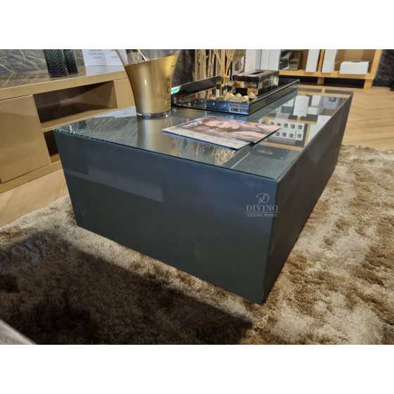 UITVERKOCHT! Blok salontafel mat zwart + glasplaat showmodel 120x70cm