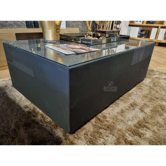 UITVERKOCHT! Blok salontafel mat zwart + glasplaat showmodel 120x70cm