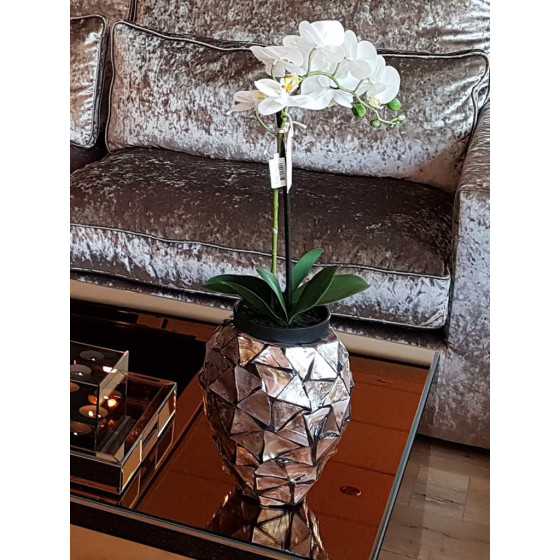 Levensechte Kunst Orchidee Wit in Zwarte Pot met Bladeren Klein 1 Tak