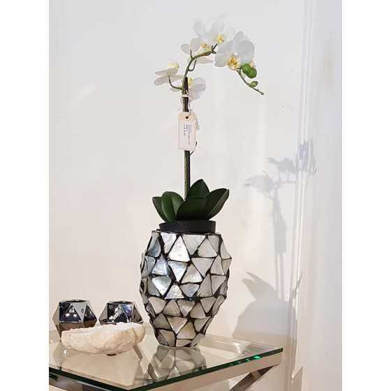 Levensechte Kunst Orchidee Wit in Zwarte Pot met Bladeren Klein 1 Tak  Uitverkocht