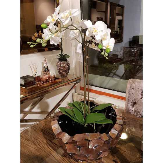 Levensechte Kunst Orchidee Wit in Zwarte Pot met Bladeren Middel 2 Tak
