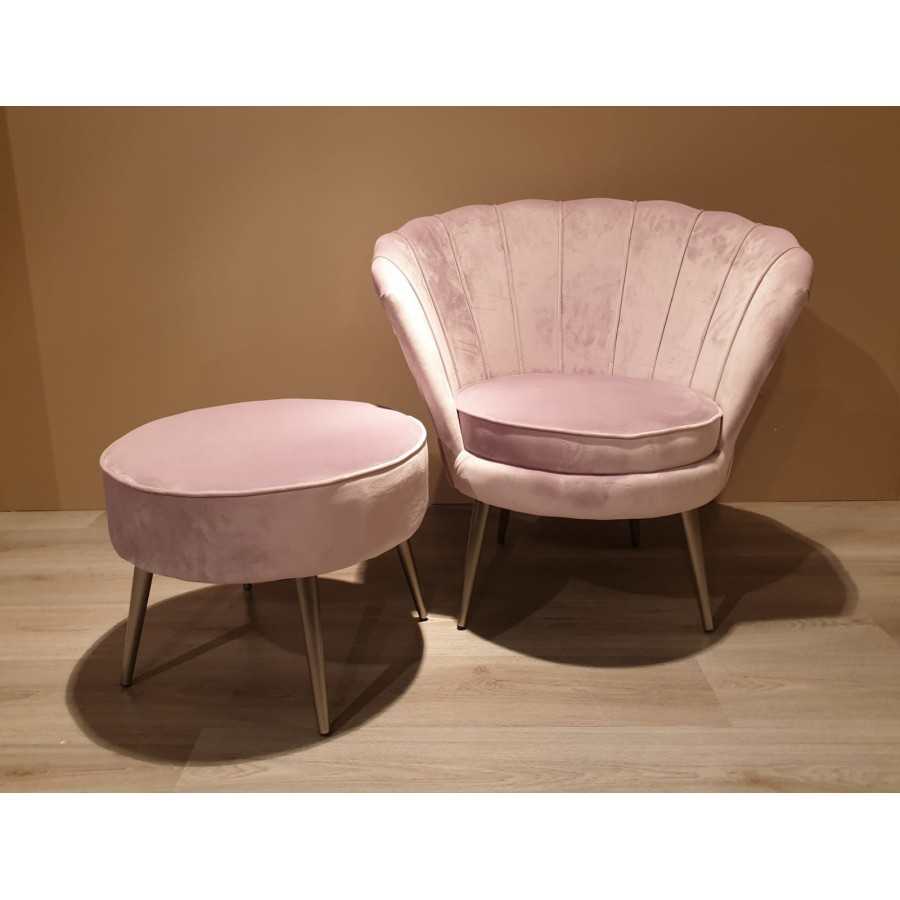 Velvet fauteuil met poef roze