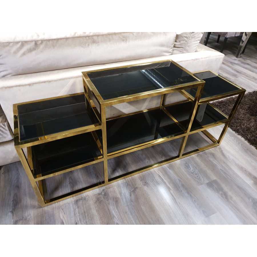 Isolator browser glas Idol Tv meubel goud met zwarte glasplaat 160cm