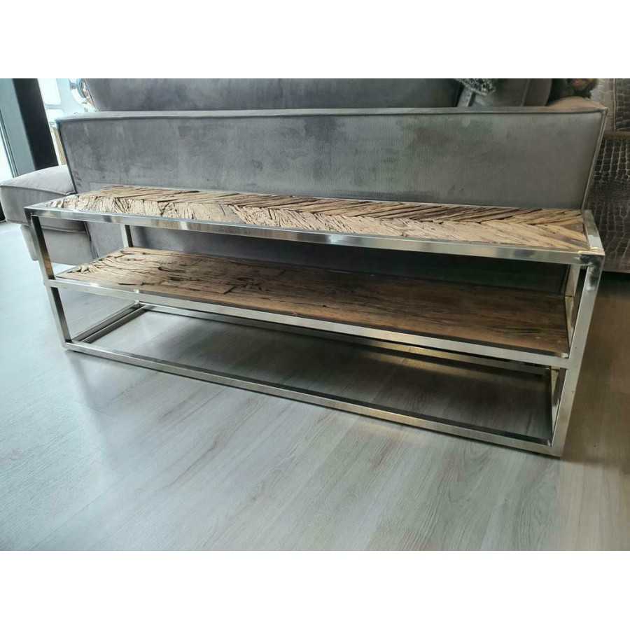 Tv meubel 160cm Visgraat wagonhout met chrome details