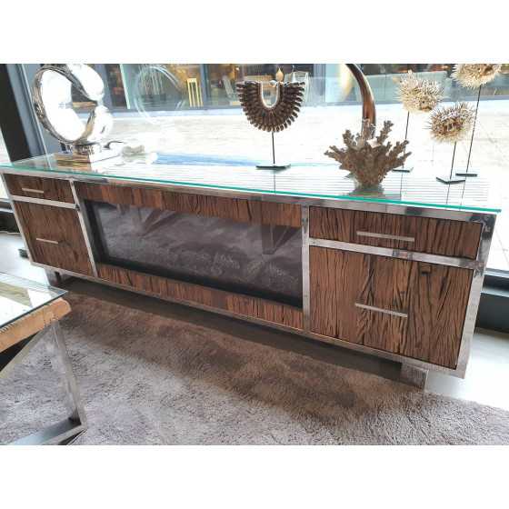 Railway | Wagonhout tv meubel met sfeerhaard inclusief glasplaat 200cm
